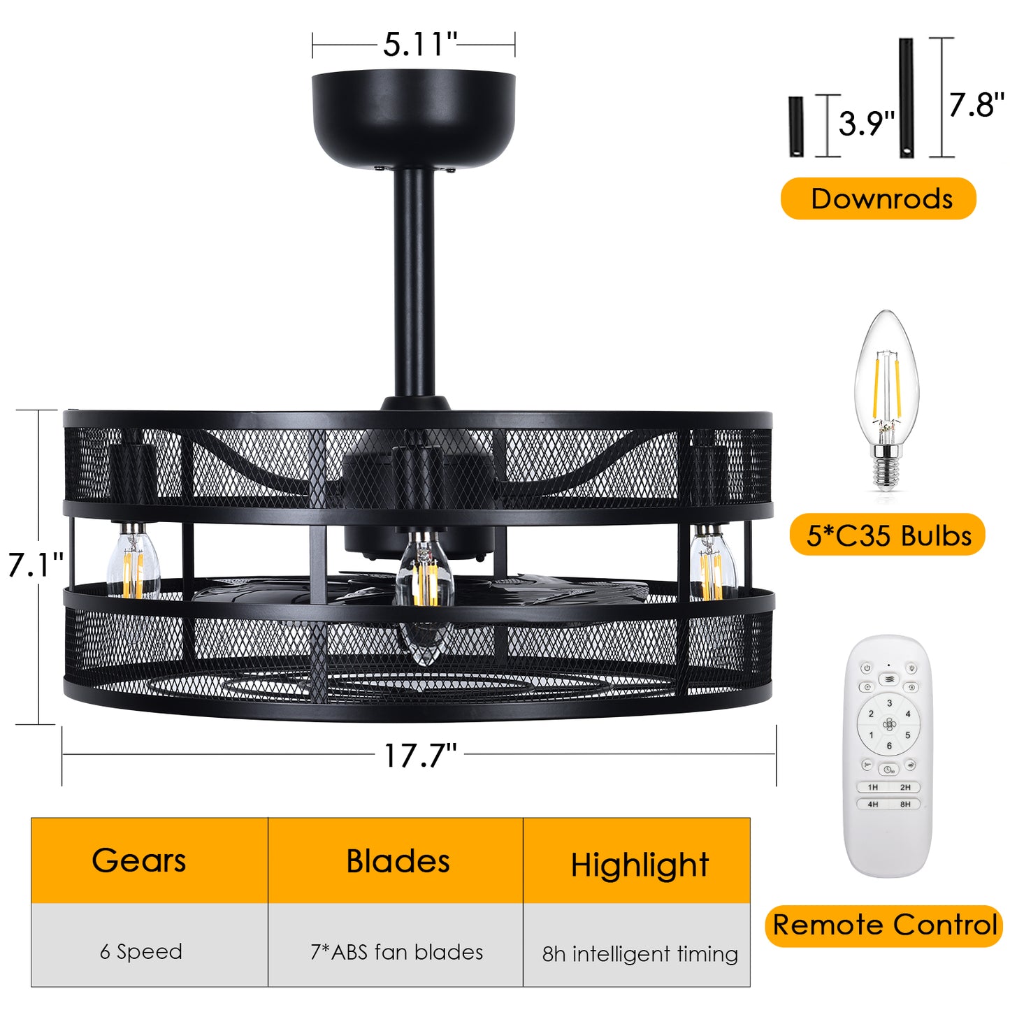 AEscod Ceiling Fan with Lights, Ceiling Fan Indoor with Remote Control, Cage Ceiling Fan with 4 LED Bulbs, Semi Enclosed Bladeless Ceiling Lighting Fixture, Black