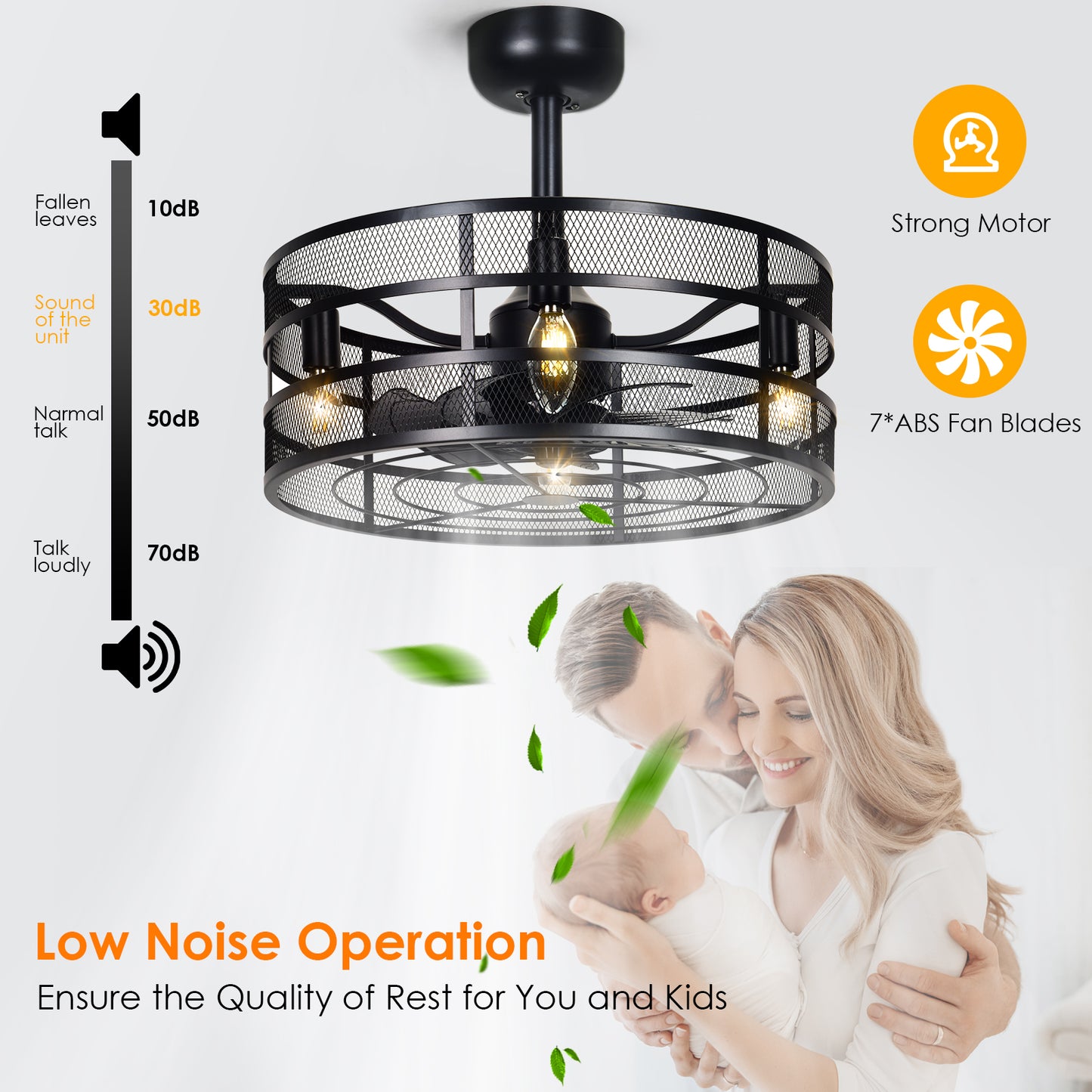 AEscod Ceiling Fan with Lights, Ceiling Fan Indoor with Remote Control, Cage Ceiling Fan with 4 LED Bulbs, Semi Enclosed Bladeless Ceiling Lighting Fixture, Black