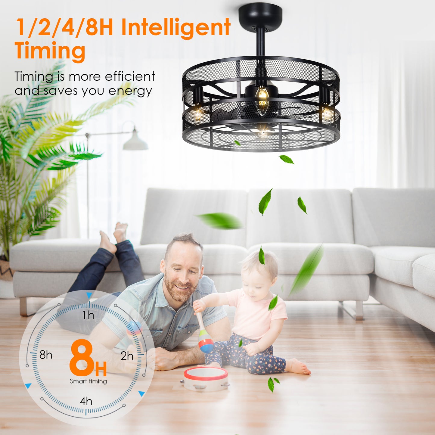 AEscod Ceiling Fan with Lights, Ceiling Fan Indoor with Remote Control, Cage Ceiling Fan with 4 LED Bulbs, Semi Enclosed Bladeless Ceiling Lighting Fixture, Black