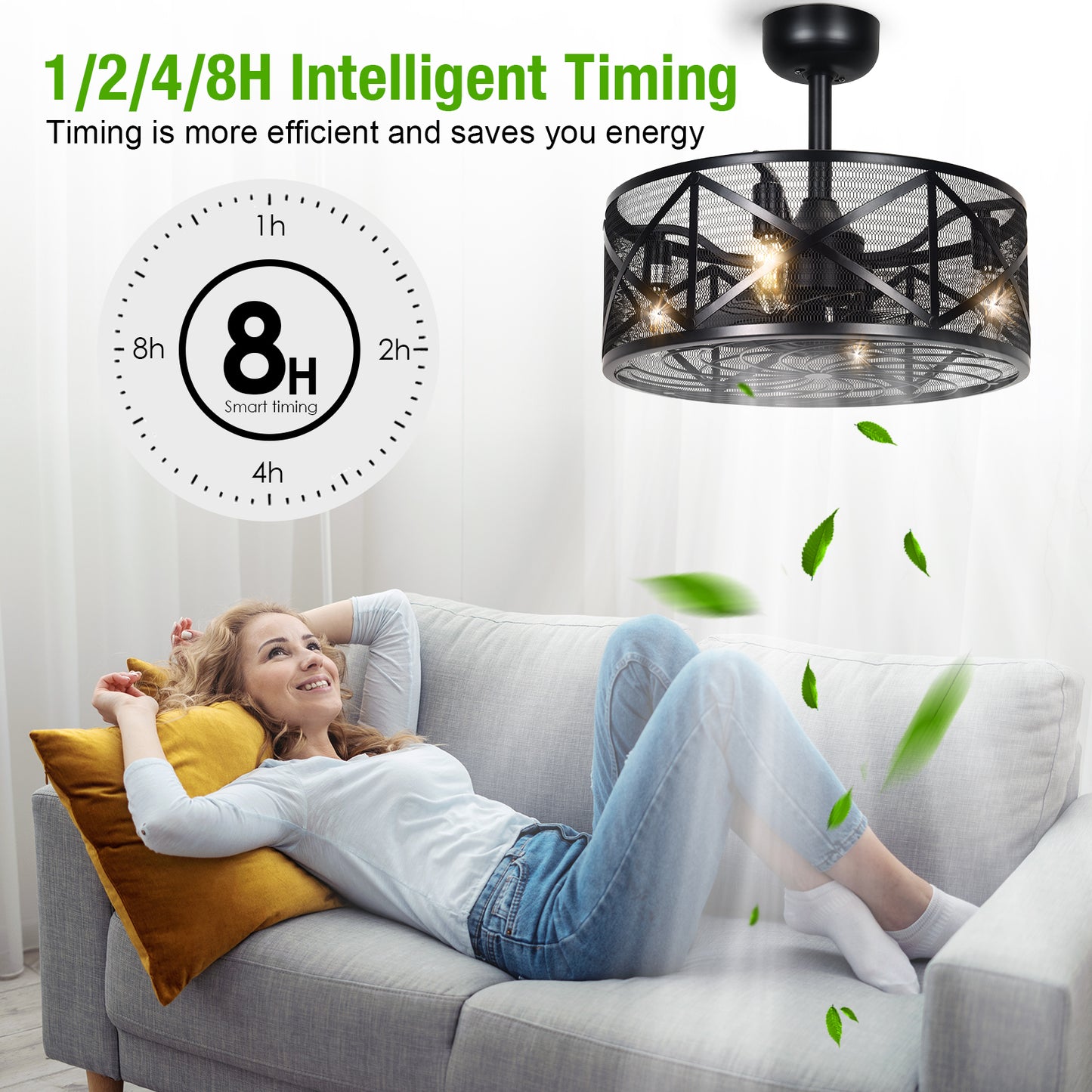 AEsocd Ceiling Fans with Lights Remote Control, Adjustable Wind Speed and Timing, Caged Industrial Ceiling Fan Light Kit for Living Room, Bedroom, Kitchen (Black)