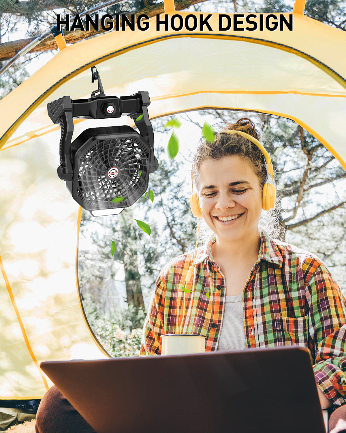 AEscod Camping Fan with LED Lantern, 36Hrs 10400mAh Portable Rechargeable Battery Operated Fan with Hook, Stepless Speed 3 Light Modes, USB Desk Fan Tent Fan for Camping Office Travel, Black