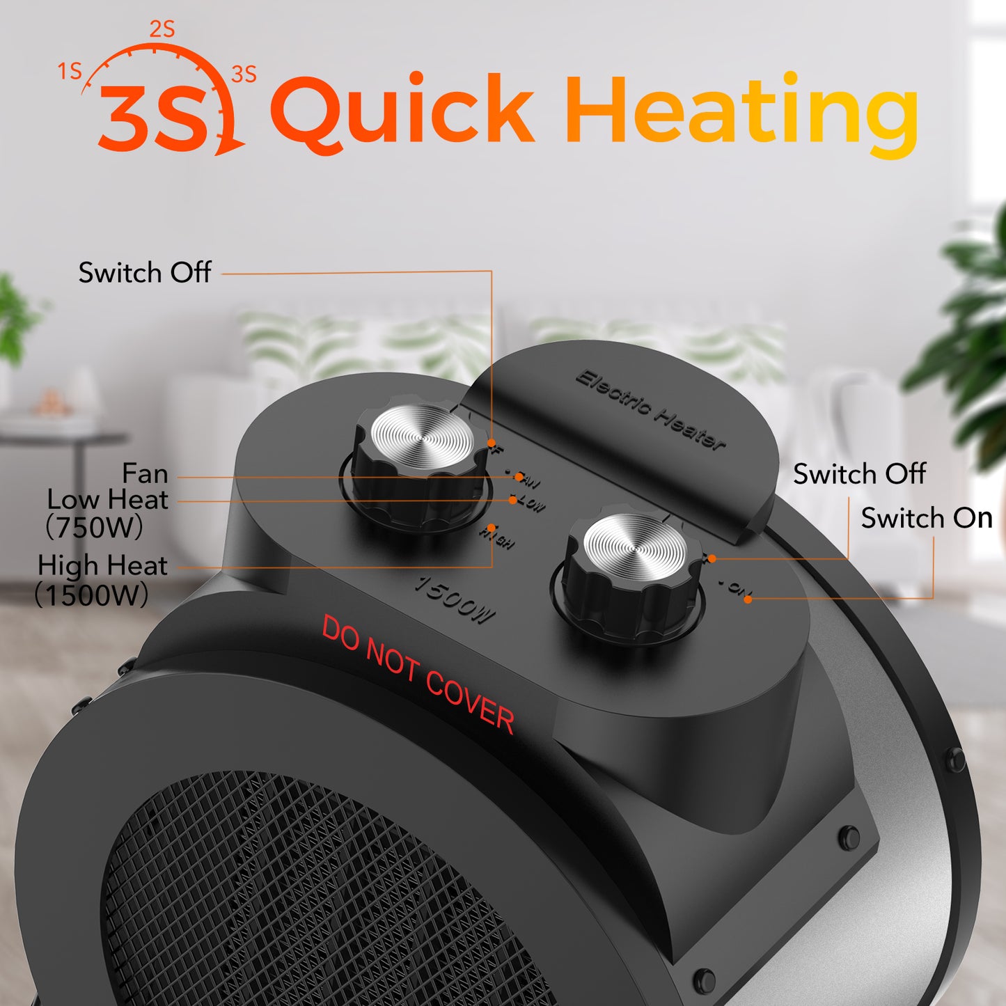 Space Heater, 1500W Portable Electric Heater with 3 Modes, 90° Rotating Ceramic Heater Fan, Space Heater for Bedroom, Office, and Indoor Use